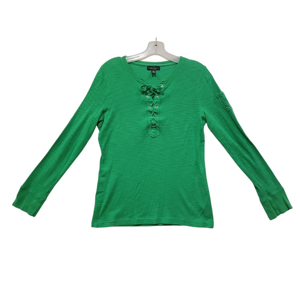 Lauren Ralph Lauren Women's Green Long Sleeve Lace-Up‎ V-Neck Top Size M, Fitted